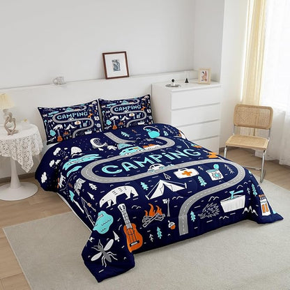 Feelyou Kids Camper Bedding Set Queen Cute Happy Camping Comforter for Boys Girls Farmhouse Rustic Wild Adventure Bedroom Decor Comforter Set Blue Nature Wildlife Quilted Set with 2 Pillow Case
