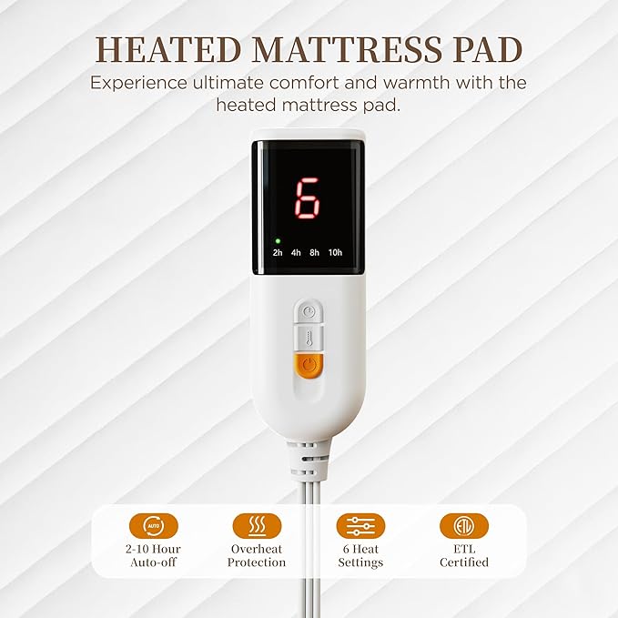 Heated Mattress Pad Full Size-Single Controller Electric Mattress Pad with Deep Pocket,6 Heat Settings & 2-10 Auto Shut Off Electric Bed Warmer,ETL Certified,Machine Washable(54"x75")