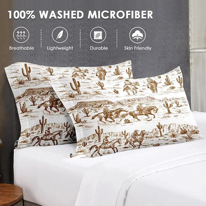 Full Size Comforter Set with 2 Pillowcase, American Desert Cowboy Soft 3 Pcs Bedding for Kids and Adults, Western Vintage Horse Comforter Set for Room Bedroom Bed Decor