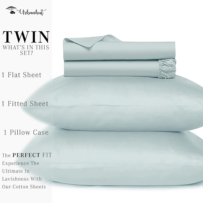 URBANHUT 100% Cotton 1000 Thread Count Twin Bedsheet Set, Long Staple Sheets, Soft & Breathable, 4 Pc Bed Sheet Sets, Luxury Hotel Sateen Sheets Fits 16" Deep Pocket - Light Blue