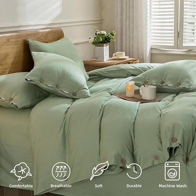 JELLYMONI Cotton Duvet Cover Queen Size - Light Green Comforter Cover with Button 100% Washed Cotton 3PCS Breathable Soft Solid Bedding Set Duvet Cover 90×90in & 2 Pillowcases (NO Comforter)