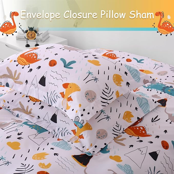 JSD Dinosaur Kids Duvet Cover Set Queen Size, 3 Piece Soft Printed Microfiber Bedding Comforter Cover with Pillow Sham Zipper Closure, Comforter Not Included