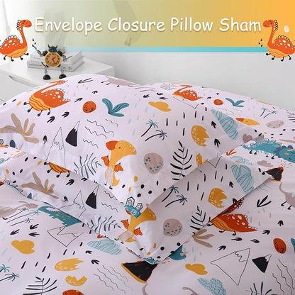 JSD Dinosaur Kids Duvet Cover Set Queen Size, 3 Piece Soft Printed Microfiber Bedding Comforter Cover with Pillow Sham Zipper Closure, Comforter Not Included