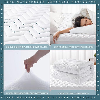 Queen Size Waterproof Mattress Protector Quilted, Breathable Ultra-Soft Filling Mattress Pad, Fitted Deep Pocket Mattress Cover Fits 6''-25'' Mattress White