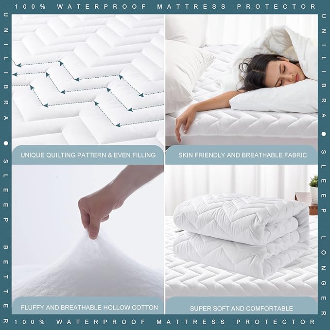 Cal King Size Waterproof Mattress Protector Quilted, Breathable Ultra-Soft Filling Mattress Pad, Fitted Deep Pocket Mattress Cover Fits 6''-25'' Mattress White