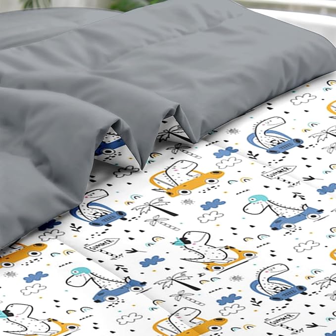 Comforter Set Queen Size, Funny Car Dinosaur 7 Pcs Bedding for Kids and Adults, Adventure Nursery Dino Bed Sheet Sets with Fitted Sheet 2 Pillowcases & 2 Shams for Bedroom Bed Decor