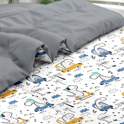 Comforter Set Queen Size, Funny Car Dinosaur 7 Pcs Bedding for Kids and Adults, Adventure Nursery Dino Bed Sheet Sets with Fitted Sheet 2 Pillowcases & 2 Shams for Bedroom Bed Decor