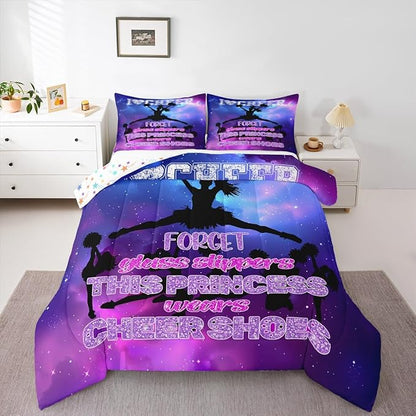 Cheerleading Comforter Set Full,Girls Dance Gymnastics Lovers Bedding Set for Kids Teens Woman Room Decor,Purple Glitter Watercolor Quilt Set Gymnast Sports Duvet Insert 3pcs,2 Pillowcases