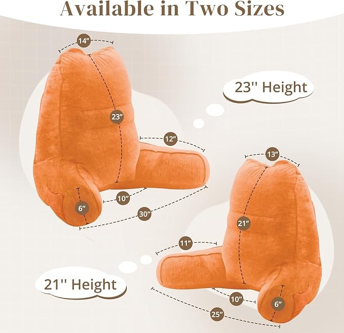 Sasttie Reading Pillow for Bed - 23 Inch, Back Pillow for Bed Sitting Up, Back-Rest Support Cushion with Side Pockets and Arms, Dorm Essentials, Oeko-Tex Certified, Orange