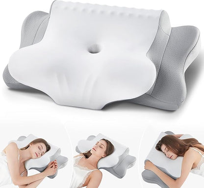 Cervical Pillow for Neck Pain Relief，Ergonomic Cooling Dual-Sided Orthopedic Neck Pillow with Ice Silk Pillowcase, Breathable Memory Foam Contour Pillow for Side, Back, Stomach Sleepers