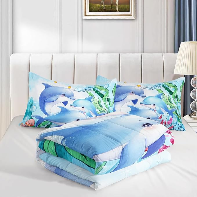 Dolphins Animal Aqua Blue Green Sea Comforter 3pcs Queen Kids Coral Jellyfish Comforter Set for Boys Girls Ocean Waves Bedding Fish Quilt Bed Set with 1 Comforter and 2 Pillowcases
