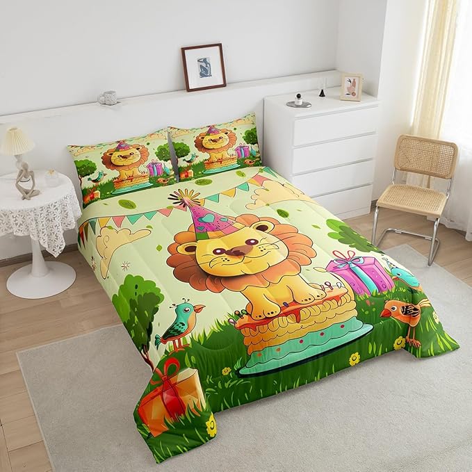 Cartoon Lion Bedding Set Queen Size Happy Birthday Theme Comforter for Child Teens Cute Birds Animal Down Comforter Funny Fairy Tale Duvet Insert with 2 Pillowcases