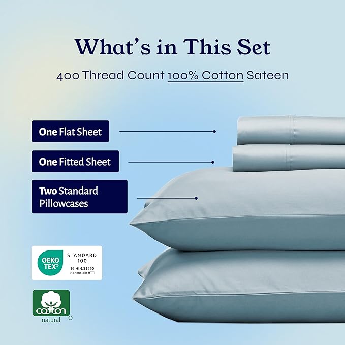 California Design Den Full Size Bed Sheets Set - Soft 400 Thread Count Sateen, Natural 100% Cotton Sheets with Deep Pockets, Breathable, and Durable Bedding Set - Sky Blue