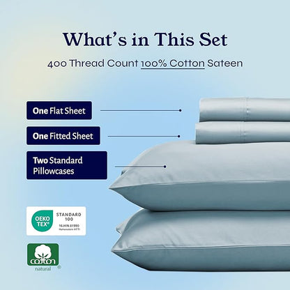 California Design Den Full Size Bed Sheets Set - Soft 400 Thread Count Sateen, Natural 100% Cotton Sheets with Deep Pockets, Breathable, and Durable Bedding Set - Sky Blue