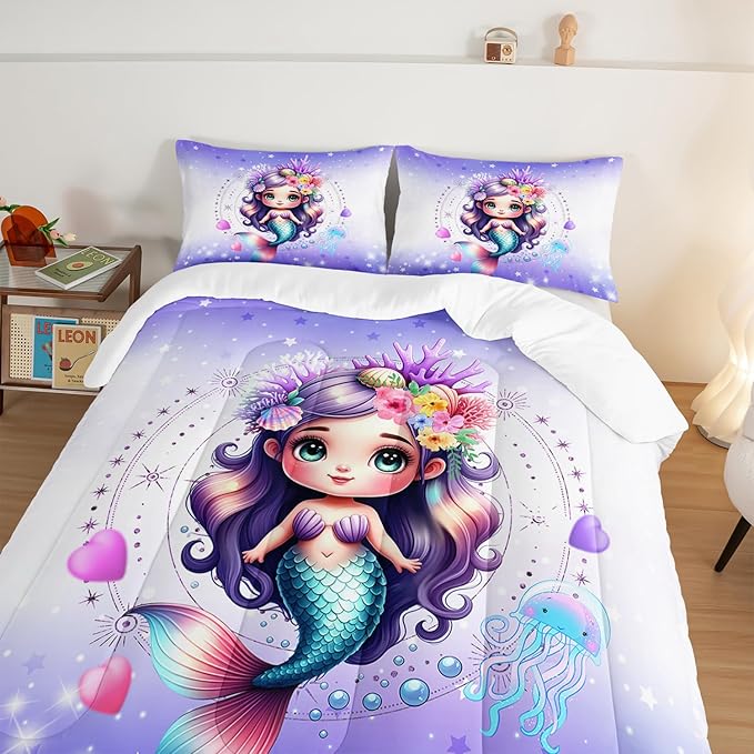 Cute Mermaid Pattern King Comforter Set,Star Jellyfish Ocean Themed Bedding Sets for Kids Toddlers Girls Boys Room Decor,Princess Bedding with 2 Pillowcases.