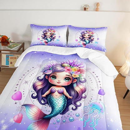 Cute Mermaid Pattern King Comforter Set,Star Jellyfish Ocean Themed Bedding Sets for Kids Toddlers Girls Boys Room Decor,Princess Bedding with 2 Pillowcases.