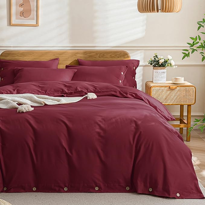 JELLYMONI Cotton Duvet Cover King Size - Burgundy Comforter Cover with Button 100% Washed Cotton 3PCS Breathable Soft Solid Bedding Set Duvet Cover 104×90in & 2 Pillowcases (NO Comforter)