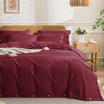 JELLYMONI Cotton Duvet Cover Twin Size - Burgundy Comforter Cover with Button 100% Washed Cotton 2PCS Breathable Soft Solid Bedding Set Duvet Cover 68×90in & 1 Pillowcase (NO Comforter)