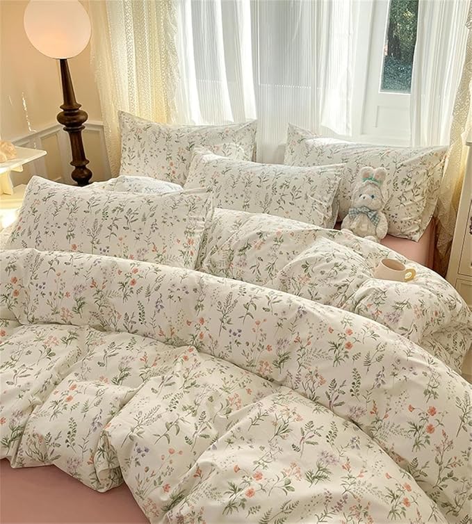 Floral Duvet Cover Queen Size Green Floral On White Bedding Set 3Pcs Spring Romantic Garden Botanical Reversible Cottagecore Comforter Cover with Zipper Closure and 2 Pillowcases