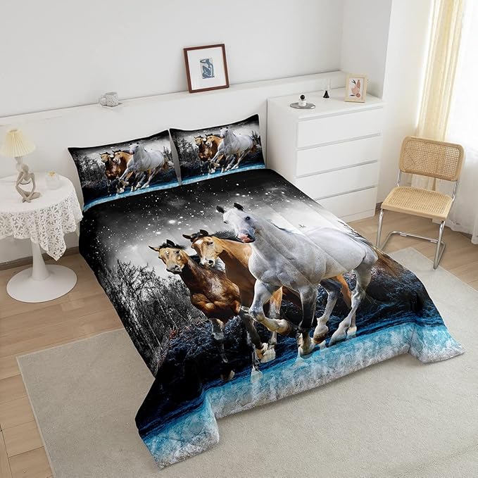 Feelyou Horse Comforter Set Galloping Horse Bedding Set for Kids Boys Girls Wildlife Comforter Farm Animal Quilt Set 1 Comforter Set with 2 Pillowcases Queen Size