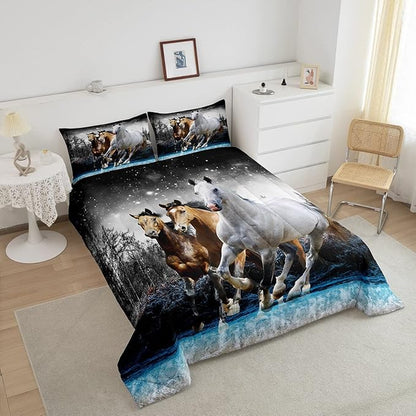 Feelyou Horse Comforter Set Galloping Horse Bedding Set for Kids Boys Girls Wildlife Comforter Farm Animal Quilt Set 1 Comforter Set with 2 Pillowcases Queen Size