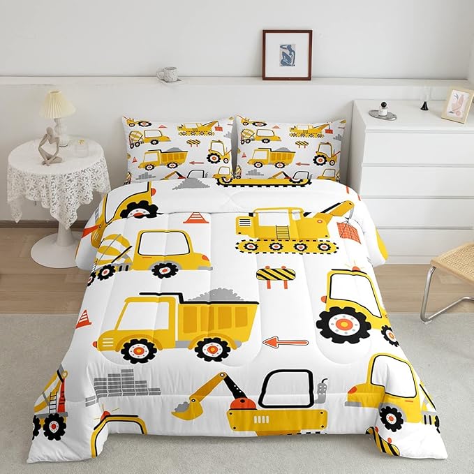 Feelyou Cartoon Car Comforter Set Kids Construction Comforter for Boys Equipment Trucks Bedding Set Breathable Cartoon Yellow Car Excavator Tractor Duvet Set Room Decor Quilt Set Queen Size