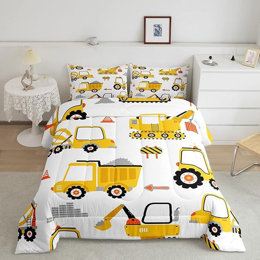 Feelyou Cartoon Car Comforter Set Kids Construction Comforter for Boys Equipment Trucks Bedding Set Breathable Cartoon Yellow Car Excavator Tractor Duvet Set Room Decor Twin Size with 1 Pillow Case
