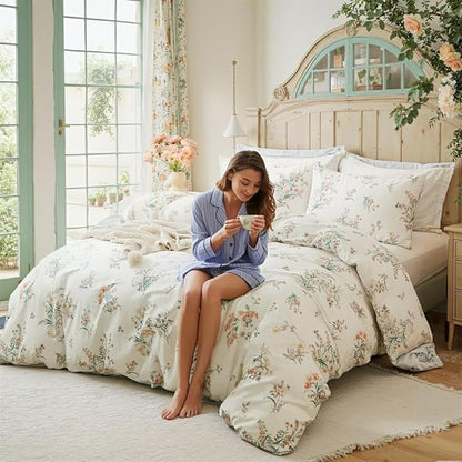 Duvet Cover Set Queen Size Vintage Style Garden Floral Duvet Cover 100% Cotton 3 Pcs Chic Floral Comforter Cover with Zipper Botanical Coquette Duvet Cover Set Ultra Soft & Breathable
