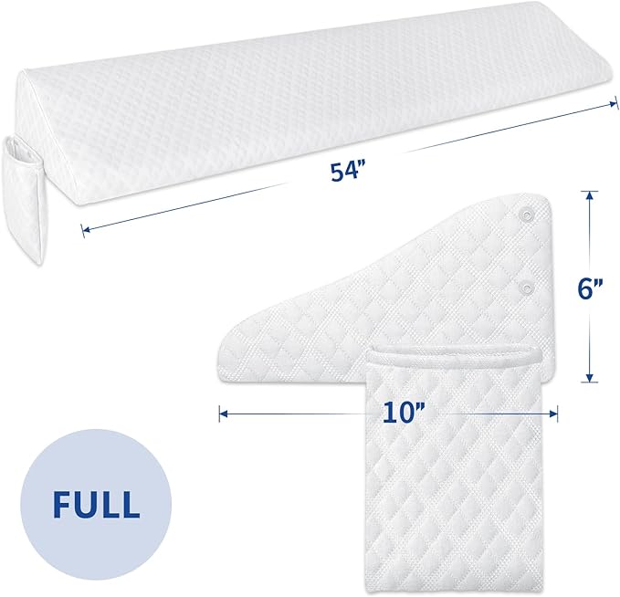 Kayfia Full Size Bed Wedge Pillow for Headboard Bed Gap Filler with Pocket Close Gap (0-8") Prevent Pillow Loss Triangle Foam Mattress Filler for Gap Between Wall and Mattress (White, 54"x10"x6")