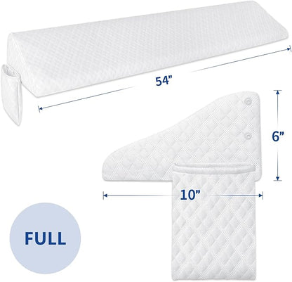 Kayfia Full Size Bed Wedge Pillow for Headboard Bed Gap Filler with Pocket Close Gap (0-8") Prevent Pillow Loss Triangle Foam Mattress Filler for Gap Between Wall and Mattress (White, 54"x10"x6")