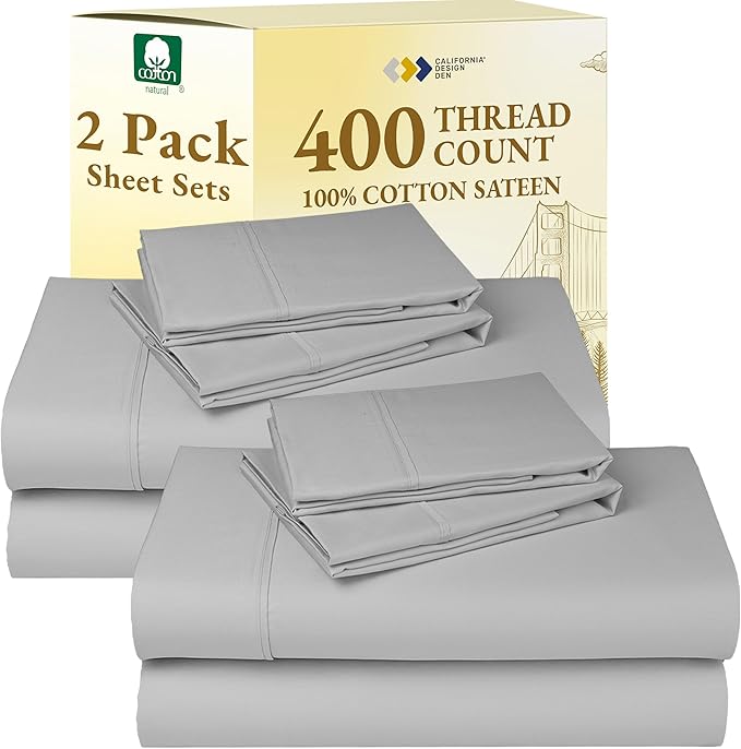 California Design Den 2-Pack King Sheet Set 400 Thread Count 100% Cotton Sateen - Soft and Breathable Sheets, 2 Sets of Deep Pocket King Sheet Set Cotton - Light Grey