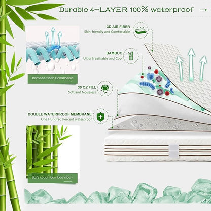 GRT Twin XL Size Waterproof Mattress Protector Rayon Bamboo - 3D Air Fiber Cooling Mattress Protector Cover, Breathable Mattress Pad Noiseless 8''-21'' Deep Pocket Machine Washable