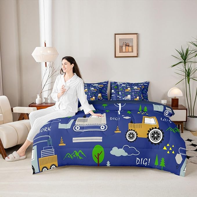 Feelyou Construction Comforter Set Queen Size 7 Pieces Equipment Trucks Bedding Set Kids Boys Excavator Tractor Bed in a Bag with Comforter, Sheets Construction Vehicles Blue Yellow Quilted