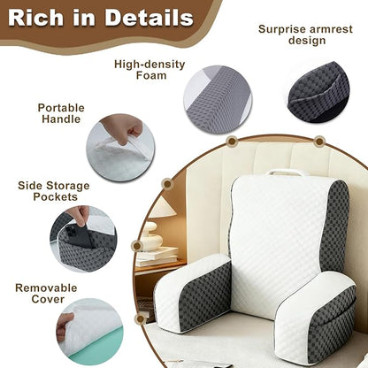 Bed Reading Pillow Back Support with Arms, Removable Pillowcase for Book Working Gaming Resting Watching TV, White/22in