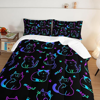 3D Neon Cat Kids Comforter Set,Gradient Line Cat Toddler Comforters Full Size for Teens Kids Boys Girls Room Decoration,Black Kawaii Bedding Sets with 2 Pillowcases.
