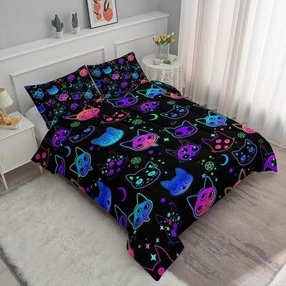Axolotl Cat Comforter Set King,Kawaii Gradient Cat Bedding with 1 Comforter 2 Pillowcases,Colorful Neon Cats Animal Bed Set,Moon Stars Bedding for Kids Boys Girls Teens Adults Room Decor All Season,