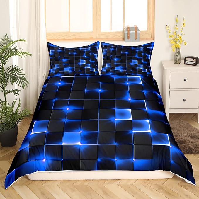 Castle Fairy Geometric Duvet Cover Set Full Size,3D Abstract Modern Square Grid Print Comforter Cover with 2 Pillowcases,Shiny Blue Neon Light Black Breathable Bedspread for Boys Teens