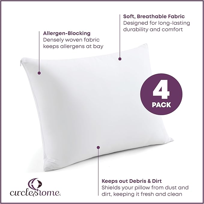 CirclesHome Pillow Protectors 4 Pack King Zippered - 100% Cotton Breathable Pillowcases - Protects Pillows from Dirt, Dust and Debris (King - Set of 4 - 20x36)