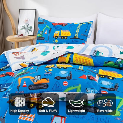 Holawakaka Trucks Excavator Cars Boy Bedding Comforter Set with Sheets, Full Size Cartoon Construction Car Tractor Print Kids Bed in A Bag 5-Piece, Boys Reversible Dorm Bed Sets (Blue Full)