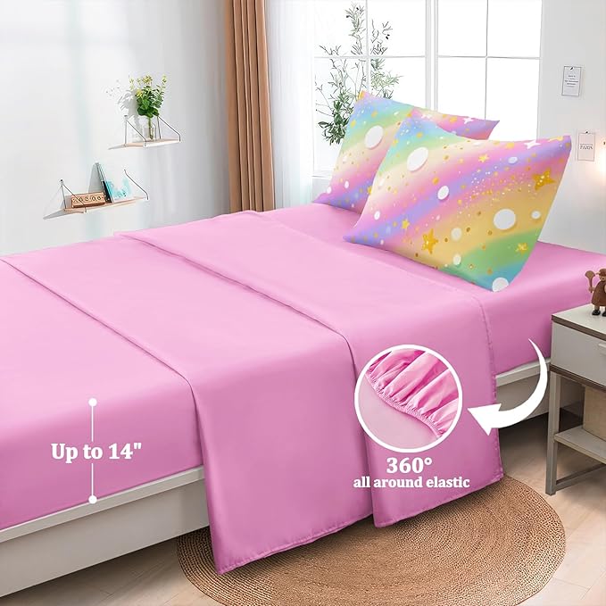 5 Pcs Twin Bedding Sets for Girls, Pink Glitter Rainbow Bed in A Bag Twin Size Bed Set, Stars Galaxy Bedding Comforter Set for Girls