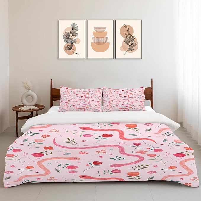 Reptiles Snake Theme 3 Pieces Duvet Cover Comforter Set with 2 Pillowcase Twin Size Snake Flower Bed Sheet Quilt Bedroom Bedding for Lover Kids