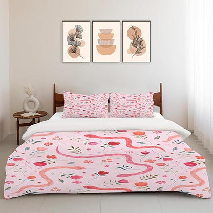 Reptiles Snake Theme 3 Pieces Duvet Cover Comforter Set with 2 Pillowcase King Size Snake Flower Bed Sheet Quilt Bedroom Bedding for Lover Kids
