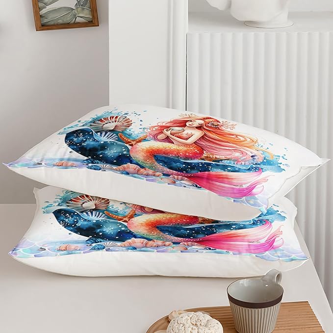 Mermaid Comforter Set Twin Size, Cute Mermaid Conch Sea Shell Bedding Set with Fish Scale Design for Kids Girl, Ocean Theme Duvet Set with 2 Pillowcases