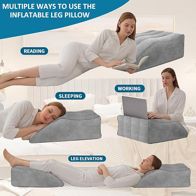 TheClover Inflatable Leg Pillow for Sleeping - Wedge Pillow with Eye Mask,Leg Elevation Pillow for Swelling,Circulation,Pain Relief,Bolster Pillow Leg Support for Travel,Hip,Foot,Ankle(Gray)