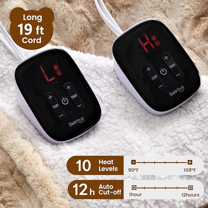 Bearhug Electric Blanket King Size 100" x 90", Dual Controller Heated Blanket, Faux Fur/Sherpa 10-Heating Level & 1-12H Auto Off, Champagne, Over-Heat Protect, ETL, Machine Washable