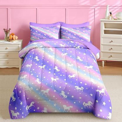 Nesker 7 Pcs Comforter Set Full Size, Purple Colorful Bedding for Kids Teen, Unicorn Rainbow Starwith Fitted Sheet 2 Pillowcases & 2 Shams for Bedroom Bed Decor