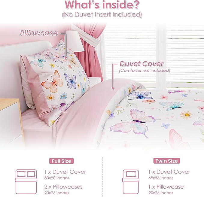 SANDJEST Butterfly Duvet Cover Sets Twin Size for Kids Girls, Include 1 Polyester Comforter Cover 68x86 Inches and 1 Pillowcase 20x26 Inches, Comforter Not Included, Gift for Christmas Birthday