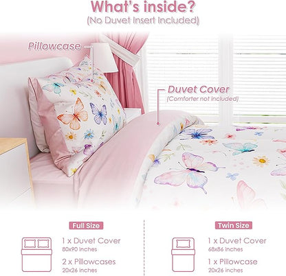 SANDJEST Butterfly Duvet Cover Sets Twin Size for Kids Girls, Include 1 Polyester Comforter Cover 68x86 Inches and 1 Pillowcase 20x26 Inches, Comforter Not Included, Gift for Christmas Birthday
