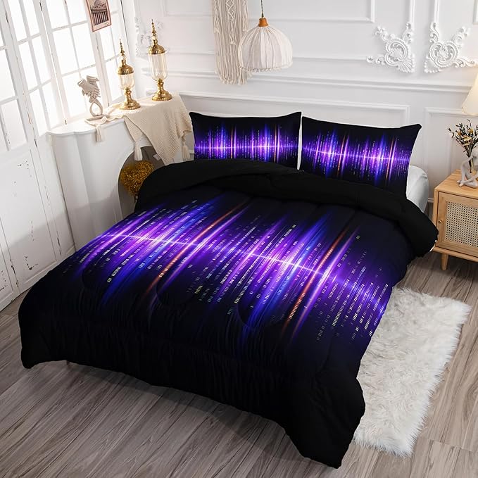 Geometric Stripes Comforter Set Purple Gradient Lines Printed Bedding Set with 1 Comforter and 2 Pillowcases for Boys and Girls Bedroom All Season(Line Twin)