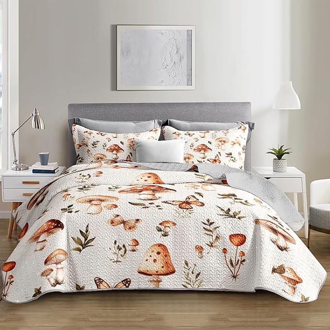 Mushroom Bedding Quilt Set for Kids Teens and Adults Room Decor,Natural Wild Fungus Plant Pattern Bedding Full Size,Soft and Breathable Summer Quilts with 2 Pillowcases.